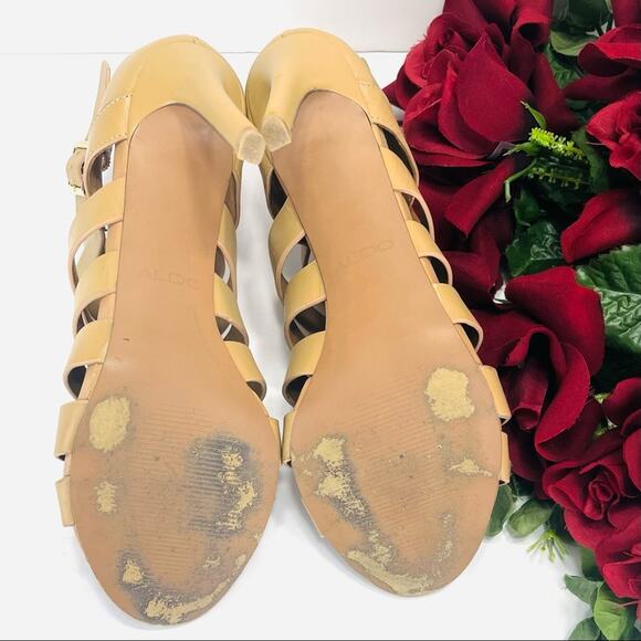Aldo Strappy Stiletto Sandals/Booties Size 7.5 Tan Leather Open Toe High Heels - Picture 7 of 16